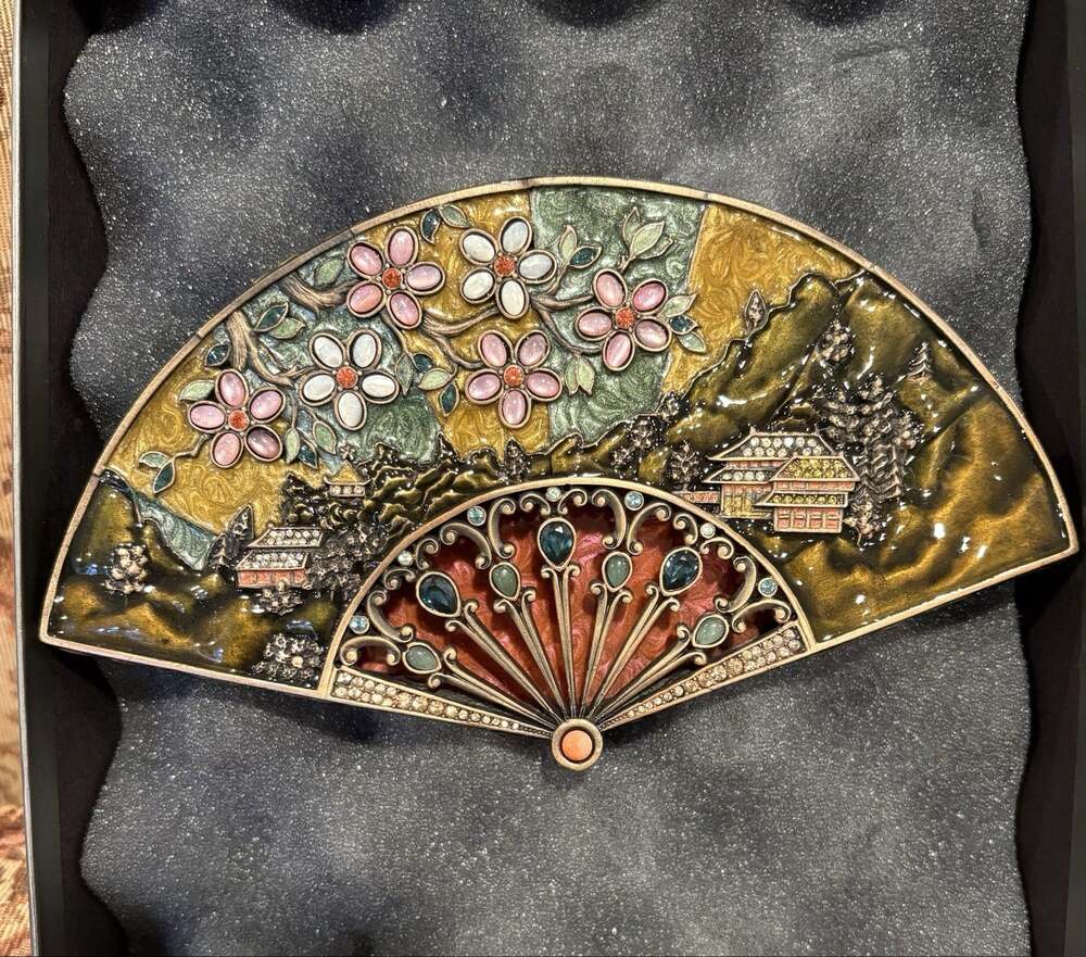Jay Strongwater Fan Philomena Trinket Box Enameled & Jeweled Chinese Oriental